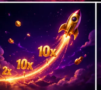 Gold rocket leaving a glowing 2x 10x 100x multiplier trail — McLuck crash games