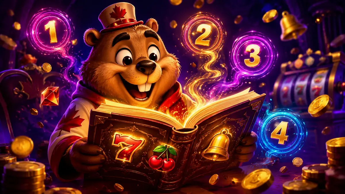 Friendly Canadian mascot studying a glowing slot spellbook — McLuck how-to-play guide