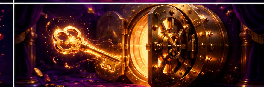 Ornate gold vault door slightly open with a glowing gold key floating in front — McLuck secure login