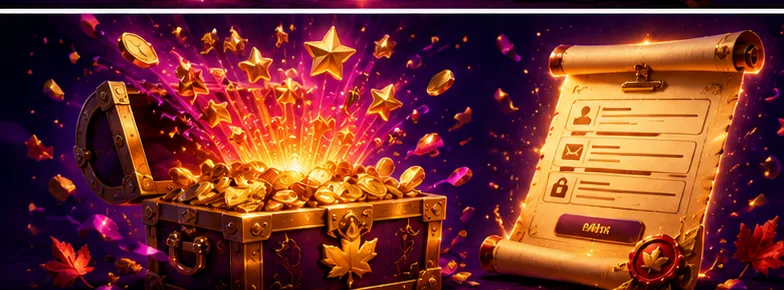 Open treasure chest bursting with gold coins and glowing sweepstakes stars beside a welcome scroll — McLuck Canada registration