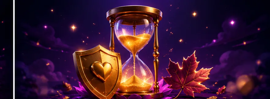 Responsible gaming — protective gold shield with heart, hourglass and Canadian maple leaf on a calm purple background