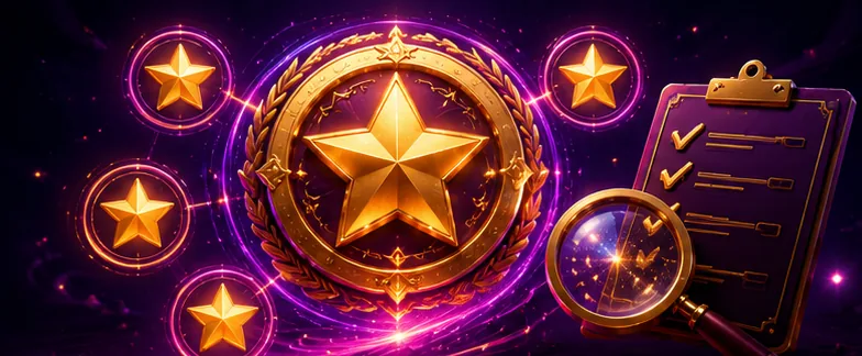 McLuck Casino expert audit — five glowing gold stars, clipboard with checkmarks, magnifying glass